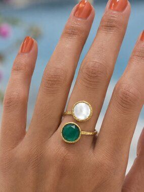 Turkish Artisan 18K Gold Plated Emerald Green Glass Pearl Adjustable Ring Boho